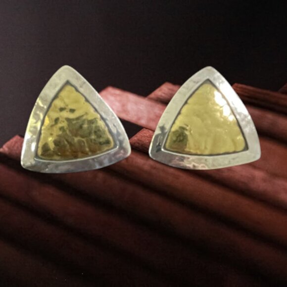 Vintage Jeep Collins Triangle Earrings Sterling Silver Brass Modernist Clip On - Picture 1 of 16